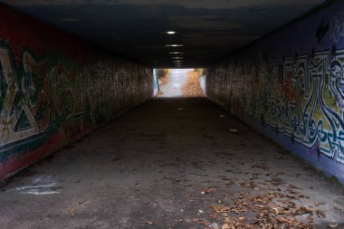Lahti, Finlandiya. 27 Ekim 2024 - Yaprakla kaplı bir çıkışa çıkan duvar yazısıyla kaplı bir tünel