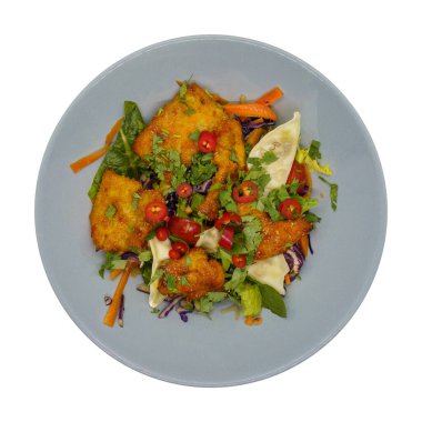 Gyoza köfteli Asya usulü çıtır tavuk salatası. Kırpma yolu ile beyaz arkaplanda izole.