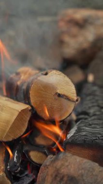 Kamp ateşinde yakılacak odun, yakın plan..