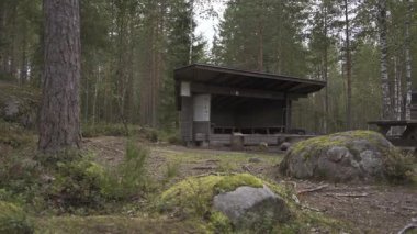 Kirnukangas lean-to shelter and campfire site in Repovesi National Park, Kouvola, Finland.