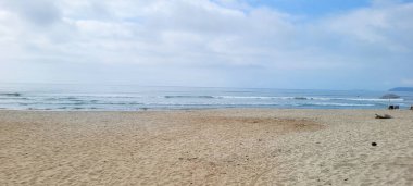 Güneşli bir günde kumsalın beyaz kumlu ve sakin denizi sahile vuran yüzücüler ve sörfçülerle.