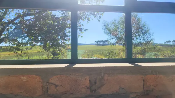 Güneşli bir günde çiftlik penceresi görünümü