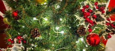 Süslü ve aydınlatılmış Noel ağacı, Mutlu Noeller 2023, Noel