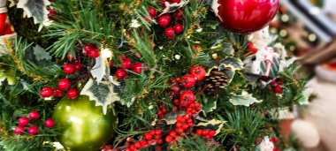 Süslü ve aydınlatılmış Noel ağacı, Mutlu Noeller 2023, Noel