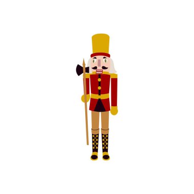 Kırmızı Fındıkkıran Asker Oduncu Obje. Mutlu Noeller ve Mutlu Yıllar Tatil Kavramının Vektör İllüstrasyonu. Kış Mevsimsel Selamlar. Düz stil. Beyaz üzerinde izole.