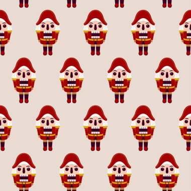 Kırmızı Fındıkkıran Kusursuz Desen. Mutlu Noeller ve Mutlu Yıllar Arkaplanı 'nın Vektör İllüstrasyonu. Kış Mevsimsel Selamlar. Düz Biçim.