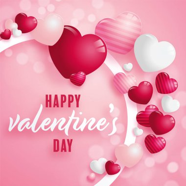 Arkaplanda kırmızı ve pembe kalpler olan Sevgililer Günü posteri