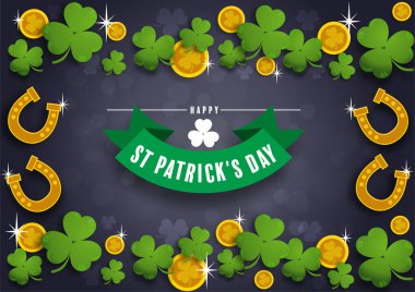Aziz Patrick Günü için bir tatil davetiyesi, şirket bayramı leprikon şapka, yonca, altın sikkeler, gökkuşağı, arka plan rengi. Vektör illüstrasyonu.