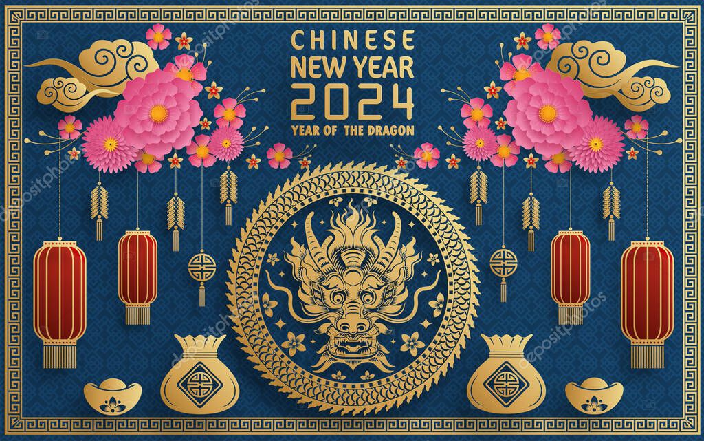 Happy Chinese New Year 2024 Year Chinese Dragon Zodiac Color Vector de