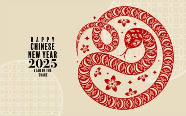 Mutlu Çin yılbaşı 2025 yılan burcu işareti logosu fener, çiçek ve Asya unsurları renk arkaplanında kırmızı kağıt kesimi. (Çeviri: Yılan Yılı, Mutlu Yıllar 2025 )
