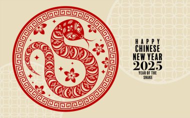 Mutlu Çin yılbaşı 2025 yılan burcu işareti logosu fener, çiçek ve Asya unsurları renk arkaplanında kırmızı kağıt kesimi. (Çeviri: Yılan Yılı, Mutlu Yıllar 2025 )