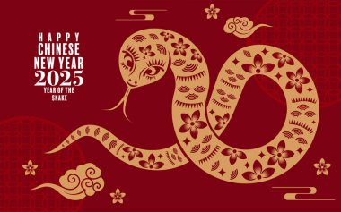 Mutlu Çin yılbaşı 2025 yılan burcu işareti logosu fener, çiçek ve Asya unsurları renk arkaplanında kırmızı kağıt kesimi. (Çeviri: Yılan Yılı, Mutlu Yıllar 2025 )