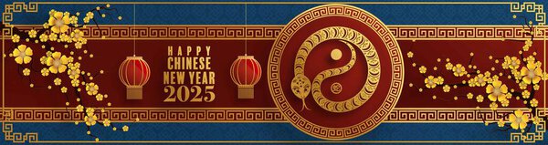 Happy chinese new year 2025  the snake zodiac sign with flower,lantern,pattern,cloud asian elements red,gold  paper cut style on color background. (Translation : happy new year 2025 year of the snake)