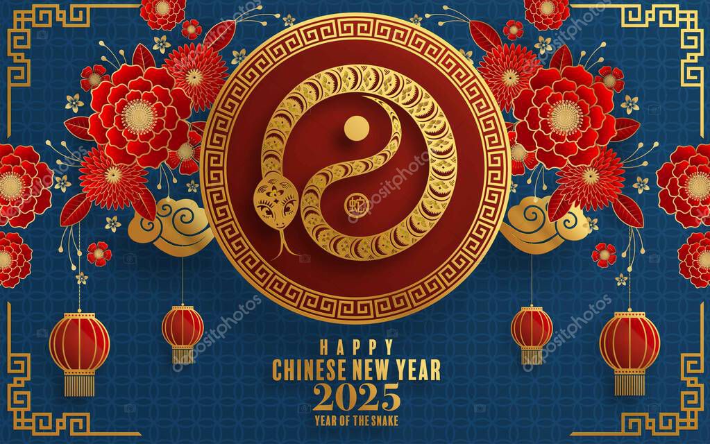 Happy chinese new year 2025  the snake zodiac sign with flower,lantern,pattern,cloud asian elements red,gold  paper cut style on color background. (Translation : happy new year 2025 year of the snake)