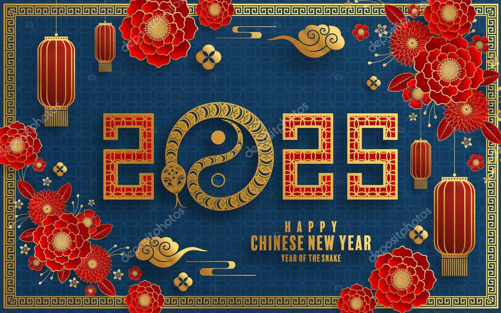 Happy chinese new year 2025  the snake zodiac sign with flower,lantern,pattern,cloud asian elements red,gold  paper cut style on color background. (Translation : happy new year 2025 year of the snake)