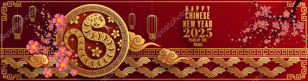Happy chinese new year 2025  the snake zodiac sign with flower,lantern,pattern,cloud asian elements red,gold  paper cut style on color background. (Translation : happy new year 2025 year of the snake)
