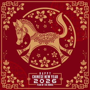 2026 yılının mutlu Çin yılbaşı arkaplanı, at zodyak yılı, renkli arka plan. Çevirisi: Mutlu yıllar, Çin atı 2026 )