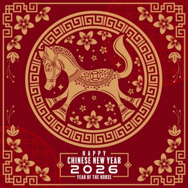 2026 yılının mutlu Çin yılbaşı arkaplanı, at zodyak yılı, renkli arka plan. Çevirisi: Mutlu yıllar, Çin atı 2026 )