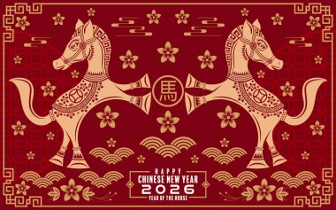2026 yılının mutlu Çin yılbaşı arkaplanı, at zodyak yılı, renkli arka plan. Çevirisi: Mutlu yıllar, Çin atı 2026 )