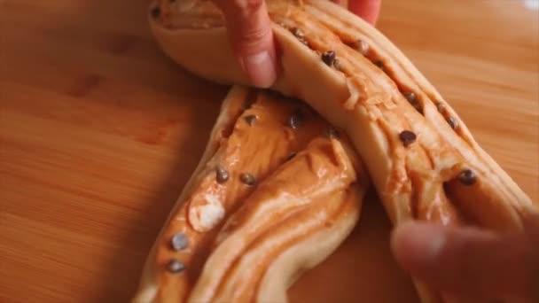 Closeup Woman Hands Braiding Babka Bread — Stock videók