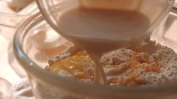 Pouring Yeast Dissolved Water Flour Bowl — Vídeos de Stock
