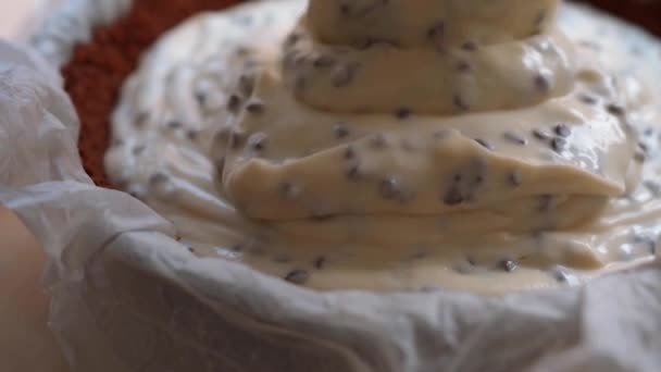 チョコレートチップとヨーグルトチーズケーキ ケーキパンにヨーグルトチーズケーキ充填を注ぐ — ストック動画