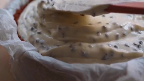 チョコレートチップとヨーグルトチーズケーキ ケーキパンにヨーグルトチーズケーキ充填を注ぐ — ストック動画
