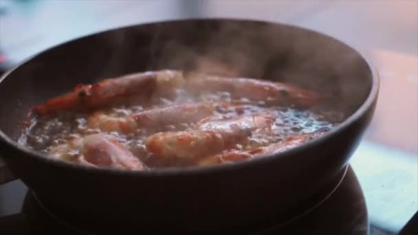 Cooking Gambas Ajillo Spanish Garlic Chilli Prawns Frying Pan — Stock Video