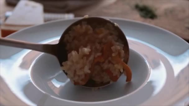 Σεφ Τοποθέτηση Ιταλική Ριζότο Μανιταριών Ριζότο Funghi Ένα Πιάτο — Αρχείο Βίντεο