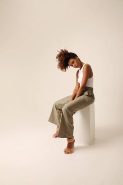 Beautiful African American woman looking at camera. Portrait of cheerful young woman with afro hairstyle. Beauty girl with curly hair. High quality photo