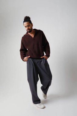 Portrait of happy young man, with curly hair. Mind set and mental health. . High quality photo.