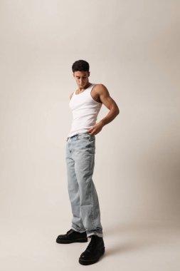 Handsome man with serious expression and ideas, looking at the camera. Mindset. High quality photo.