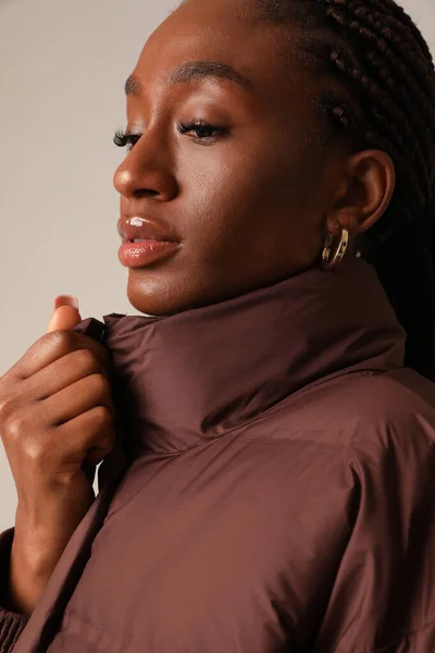Warm Comfy Young Fashionable Afro Woman Wearing Jacket Vertical High — Fotografia de Stock