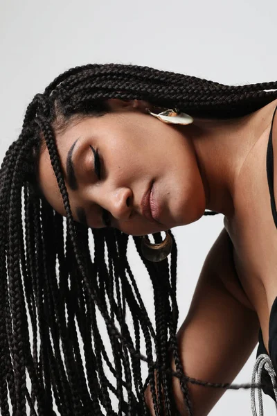 African American Young Woman Long Dark Braids Posing Indoor Mock — Fotografia de Stock