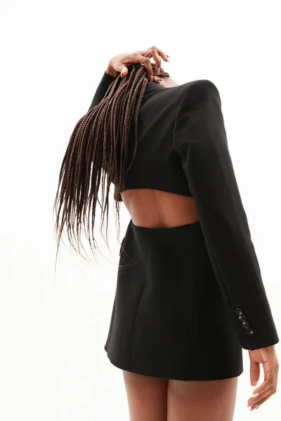 Young Fashionable Sexy Afro Woman Black Dress She Posing White — Stok Foto
