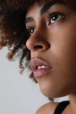 Beautiful African American woman looking at camera. Portrait of cheerful young woman with afro hairstyle. Beauty girl with curly hair. High quality photo