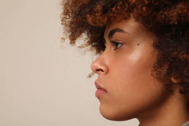 Beautiful African American woman looking at camera. Portrait of cheerful young woman with afro hairstyle. Beauty girl with curly hair. High quality photo