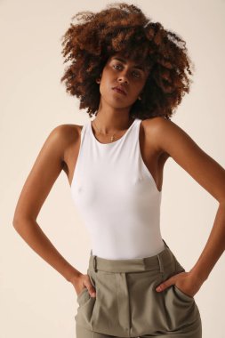 Beautiful African American woman looking at camera. Portrait of cheerful young woman with afro hairstyle. Beauty girl with curly hair. High quality photo