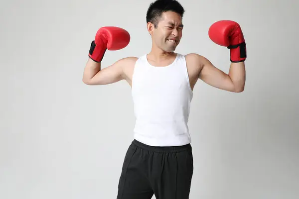 Junger Südasiatischer Boxer Mit Roten Handschuhen Horizontale Attrappe Hochwertiges Foto — Stockfoto