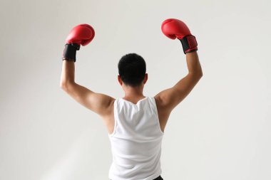 Kırmızı eldiven giyen enerjik genç Güney Asyalı boksör. Yatay maketler. Yüksek kalite fotoğraf.