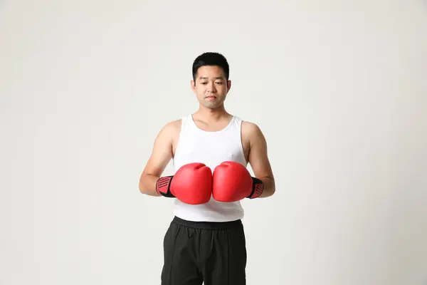 Young South Asian Boxer Man Wearing Red Gloves Posing White — Stock Photo, Image