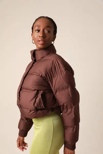 Warm Comfy Young Fashionable Afro Woman Wearing Jacket Vertical High — Stok Foto