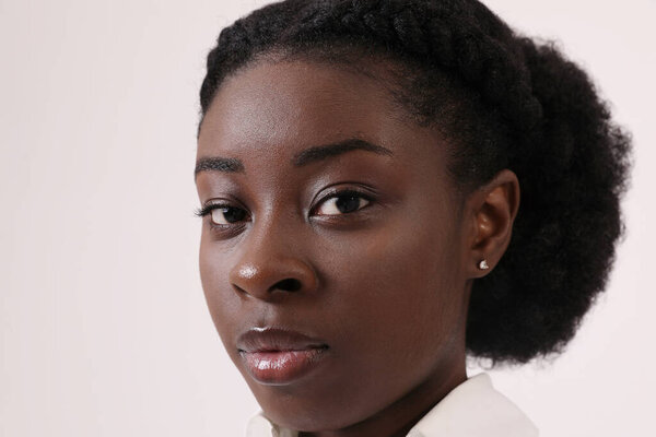 Close Portrait Confident African American Young Woman Looking Camera Mindset Stock Picture
