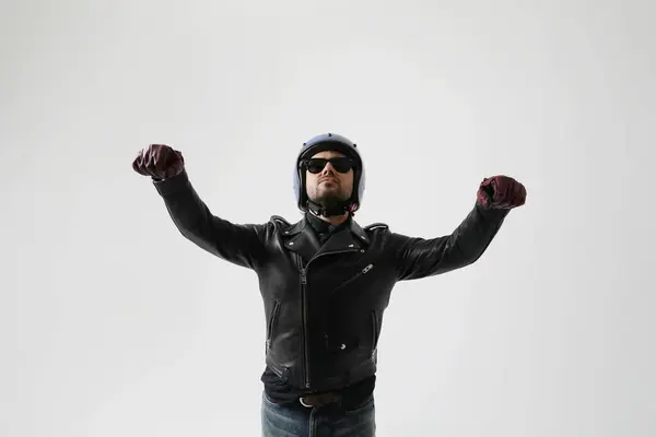 Portrait Bearded Man Wearing Helmet Black Jacket Posing Indoor Mock Stock Picture