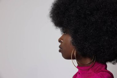 Afro saçlı, iç mekanda poz veren Afro-Amerikan kadının stüdyo portresi. Yüksek kalite fotoğraf.