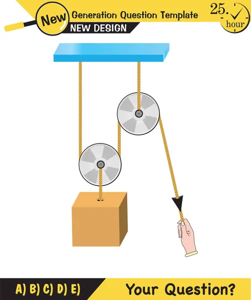 stock vector Physics, Science experiments on force and motion with pulley, Simple Machines, Springs, Pulleys, Gears, next generation question template, dumb physics figures, exam question, eps 