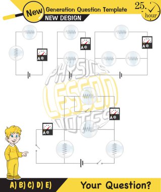 Physics, basic electric circuits, next generation question template, dumb physics figures, exam question, eps 