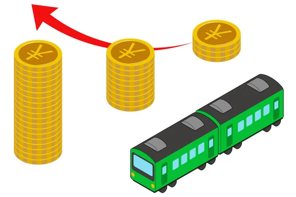 Ilustracja Obrazu Wzrostu Opłat Przejazd Pociągiem Isometryczna Moneta Rosnąca Strzałka — Wektor stockowy