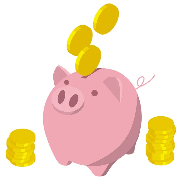 通过把硬币放进储蓄罐来说明猪存钱的等量成分 投资图像 — 图库矢量图片
