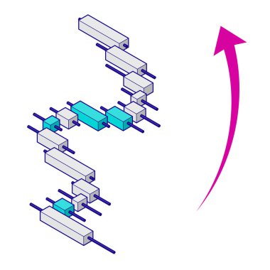 Isometric yükselme çizelgesi. Yatırım, ön x materyali. Yatırım, ön x bilgi materyali. Ana satırlarla basit illüstrasyon.